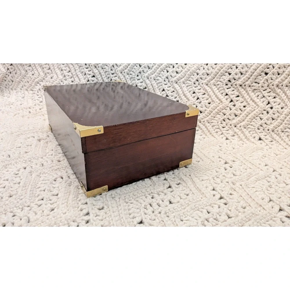 Vintage Wood Jewelry Box Brass Corner Campaign Style Green Velvet Lining 11x7x4